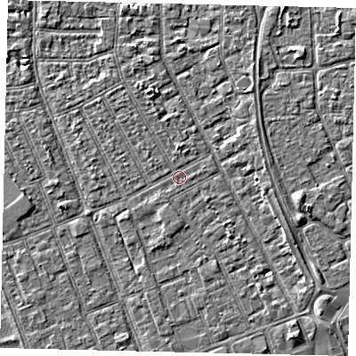 Shaded relief map of the ground around HU33DL, computed from Environment Agency LiDAR. The ground here sits at about 2 m above sea level and falls 3 m across the surrounding 800 m. Surface water reaching this point runs off ground lying to the north-north-west, 0.5 m higher.