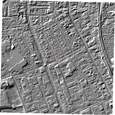 Shaded relief map of the ground around HU33DP, computed from Environment Agency LiDAR. The ground here sits at about 2 m above sea level and falls 3 m across the surrounding 800 m. Surface water reaching this point runs off ground lying to the south-east, 1.1 m higher.