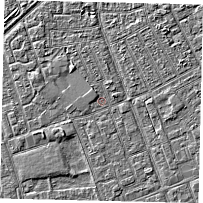 Shaded relief map of the ground around HU33HR, computed from Environment Agency LiDAR. The ground here sits at about 2 m above sea level and falls 3 m across the surrounding 800 m. Surface water reaching this point runs off ground lying to the north-west, 2.0 m higher.