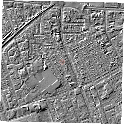 Shaded relief map of the ground around HU33JB, computed from Environment Agency LiDAR. The ground here sits at about 3 m above sea level and falls 3 m across the surrounding 800 m. Surface water reaching this point runs off ground lying to the east-south-east, 0.6 m higher.