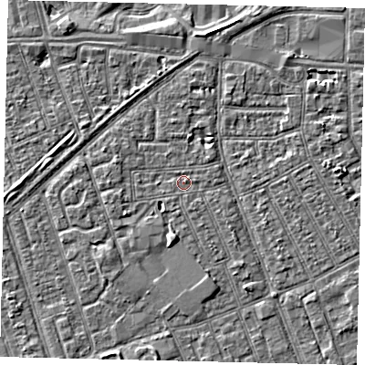 Shaded relief map of the ground around HU33JG, computed from Environment Agency LiDAR. The ground here sits at about 2 m above sea level and falls 3 m across the surrounding 800 m. Surface water reaching this point runs off ground lying to the north-east, 0.6 m higher.