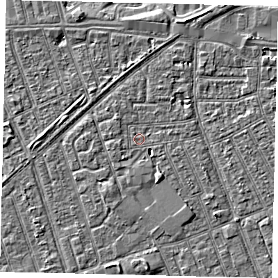 Shaded relief map of the ground around HU33JH, computed from Environment Agency LiDAR. The ground here sits at about 2 m above sea level and falls 3 m across the surrounding 800 m. Surface water reaching this point runs off ground lying to the south-west, 2.5 m higher.