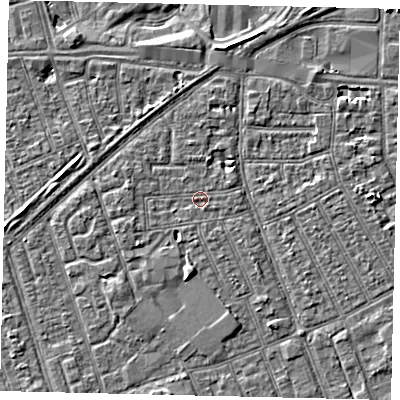 Shaded relief map of the ground around HU33JN, computed from Environment Agency LiDAR. The ground here sits at about 2 m above sea level and falls 3 m across the surrounding 800 m. Surface water reaching this point runs off ground lying to the west, 1.7 m higher.