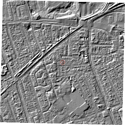 Shaded relief map of the ground around HU33JP, computed from Environment Agency LiDAR. The ground here sits at about 3 m above sea level and falls 5 m across the surrounding 800 m. Surface water reaching this point runs off ground lying to the south-south-west, 2.5 m higher.