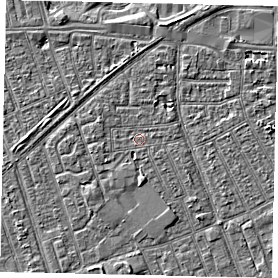 Shaded relief map of the ground around HU33JQ, computed from Environment Agency LiDAR. The ground here sits at about 2 m above sea level and falls 3 m across the surrounding 800 m. Surface water reaching this point runs off ground lying to the south-west, 2.5 m higher.