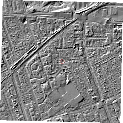 Shaded relief map of the ground around HU33JR, computed from Environment Agency LiDAR. The ground here sits at about 2 m above sea level and falls 3 m across the surrounding 800 m. Surface water reaching this point runs off ground lying to the south-west, 2.5 m higher.