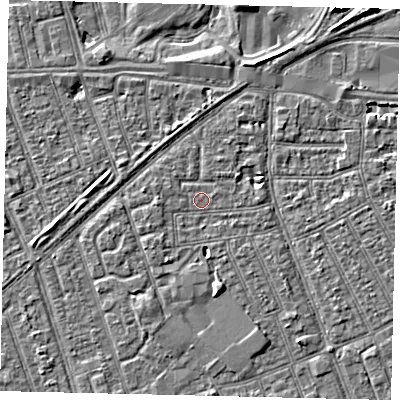 Shaded relief map of the ground around HU33JS, computed from Environment Agency LiDAR. The ground here sits at about 2 m above sea level and falls 6 m across the surrounding 800 m. Surface water reaching this point runs off ground lying to the south-south-west, 2.5 m higher.