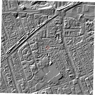 Shaded relief map of the ground around HU33JT, computed from Environment Agency LiDAR. The ground here sits at about 2 m above sea level and falls 3 m across the surrounding 800 m. Surface water reaching this point runs off ground lying to the south-west, 2.5 m higher.