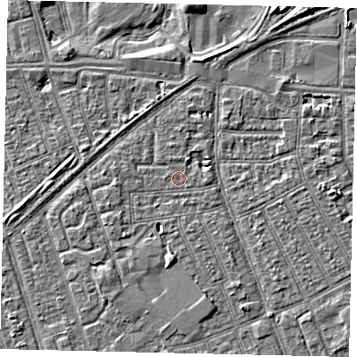 Shaded relief map of the ground around HU33JU, computed from Environment Agency LiDAR. The ground here sits at about 2 m above sea level and falls 6 m across the surrounding 800 m. Surface water reaching this point runs off ground lying to the west, 1.7 m higher.