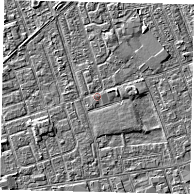 Shaded relief map of the ground around HU33LA, computed from Environment Agency LiDAR. The ground here sits at about 3 m above sea level and falls 3 m across the surrounding 800 m. Surface water reaching this point runs off ground lying to the east, 1.7 m higher.