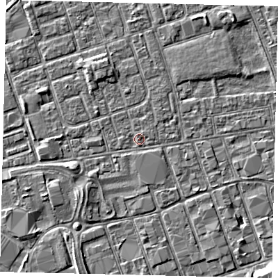 Shaded relief map of the ground around HU33LB, computed from Environment Agency LiDAR. The ground here sits at about 3 m above sea level and falls 3 m across the surrounding 800 m. Surface water reaching this point runs off ground lying to the north-north-west, 1.4 m higher.