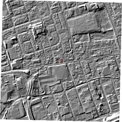 Shaded relief map of the ground around HU33LD, computed from Environment Agency LiDAR. The ground here sits at about 3 m above sea level and falls 5 m across the surrounding 800 m. Surface water reaching this point runs off ground lying to the north-north-west, 1.4 m higher.