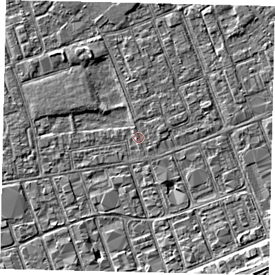 Shaded relief map of the ground around HU33NT, computed from Environment Agency LiDAR. The ground here sits at about 3 m above sea level and falls 5 m across the surrounding 800 m. Surface water reaching this point runs off ground lying to the south-south-east, 2.6 m higher.