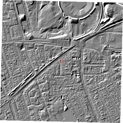 Shaded relief map of the ground around HU33PB, computed from Environment Agency LiDAR. The ground here sits at about 2 m above sea level and falls 8 m across the surrounding 800 m. Surface water reaching this point runs off ground lying to the west-south-west, 1.7 m higher.