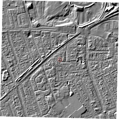 Shaded relief map of the ground around HU33PF, computed from Environment Agency LiDAR. The ground here sits at about 3 m above sea level and falls 6 m across the surrounding 800 m. Surface water reaching this point runs off ground lying to the south-south-west, 0.7 m higher.