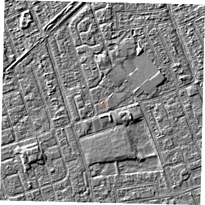 Shaded relief map of the ground around HU33PN, computed from Environment Agency LiDAR. The ground here sits at about 3 m above sea level and falls 3 m across the surrounding 800 m. The ground contributing surface water to this point lies to the east-south-east.