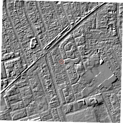 Shaded relief map of the ground around HU33PR, computed from Environment Agency LiDAR. The ground here sits at about 2 m above sea level and falls 3 m across the surrounding 800 m. Surface water reaching this point runs off ground lying to the east-south-east, 1.1 m higher.