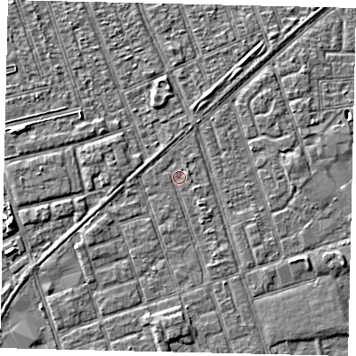 Shaded relief map of the ground around HU33QG, computed from Environment Agency LiDAR. The ground here sits at about 2 m above sea level and falls 5 m across the surrounding 800 m. Surface water reaching this point runs off ground lying to the south, 2.1 m higher.