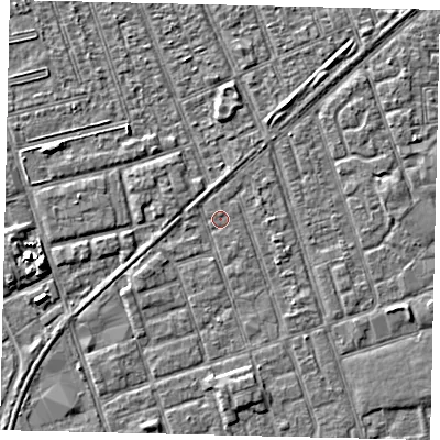 Shaded relief map of the ground around HU33QJ, computed from Environment Agency LiDAR. The ground here sits at about 2 m above sea level and falls 4 m across the surrounding 800 m. Surface water reaching this point runs off ground lying to the south, 2.1 m higher.