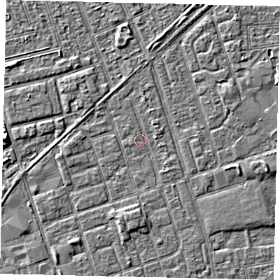 Shaded relief map of the ground around HU33QN, computed from Environment Agency LiDAR. The ground here sits at about 2 m above sea level and falls 5 m across the surrounding 800 m. Surface water reaching this point runs off ground lying to the south, 2.1 m higher.