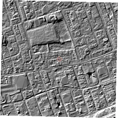 Shaded relief map of the ground around HU33SQ, computed from Environment Agency LiDAR. The ground here sits at about 3 m above sea level and falls 5 m across the surrounding 800 m. Surface water reaching this point runs off ground lying to the south-east, 4.4 m higher.