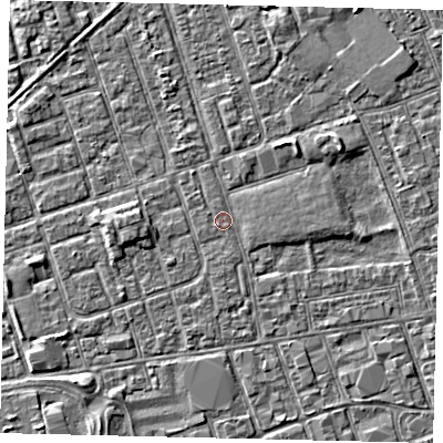 Shaded relief map of the ground around HU33TP, computed from Environment Agency LiDAR. The ground here sits at about 3 m above sea level and falls 2 m across the surrounding 800 m. Surface water reaching this point runs off ground lying to the east-south-east, 1.0 m higher.
