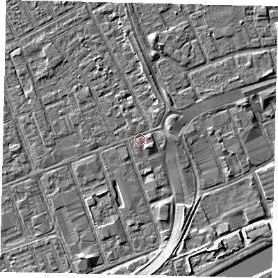 Shaded relief map of the ground around HU34AA, computed from Environment Agency LiDAR. The ground here sits at about 3 m above sea level and falls 6 m across the surrounding 800 m. Surface water reaching this point runs off ground lying to the south-east, 1.4 m higher.