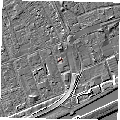 Shaded relief map of the ground around HU34AD, computed from Environment Agency LiDAR. The ground here sits at about 3 m above sea level and falls 9 m across the surrounding 800 m. Surface water reaching this point runs off ground lying to the east-north-east, 1.2 m higher.