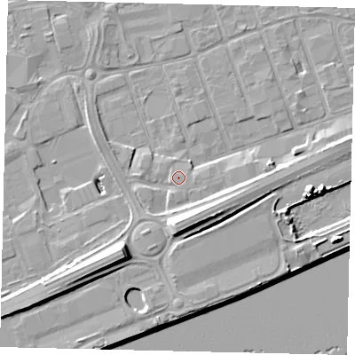 Shaded relief map of the ground around HU34AE, computed from Environment Agency LiDAR. The ground here sits at about 5 m above sea level and falls 14 m across the surrounding 800 m. Surface water reaching this point runs off ground lying to the south-south-east, 0.6 m higher.