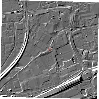 Shaded relief map of the ground around HU34AP, computed from Environment Agency LiDAR. The ground here sits at about 4 m above sea level and falls 13 m across the surrounding 800 m. Surface water reaching this point runs off ground lying to the south-west, 4.8 m higher.