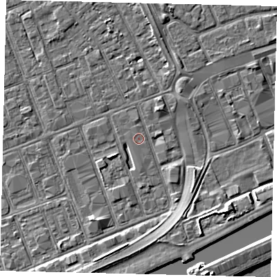 Shaded relief map of the ground around HU34AQ, computed from Environment Agency LiDAR. The ground here sits at about 3 m above sea level and falls 11 m across the surrounding 800 m. Surface water reaching this point runs off ground lying to the south-south-east, 2.4 m higher.