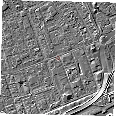 Shaded relief map of the ground around HU34BB, computed from Environment Agency LiDAR. The ground here sits at about 3 m above sea level and falls 5 m across the surrounding 800 m. Surface water reaching this point runs off ground lying to the south-south-east, 4.3 m higher.