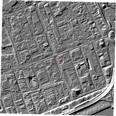 Shaded relief map of the ground around HU34DA, computed from Environment Agency LiDAR. The ground here sits at about 3 m above sea level and falls 5 m across the surrounding 800 m. Surface water reaching this point runs off ground lying to the south, 3.8 m higher.