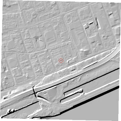 Shaded relief map of the ground around HU34DL, computed from Environment Agency LiDAR. The ground here sits at about 4 m above sea level and falls 11 m across the surrounding 800 m. The ground contributing surface water to this point lies to the north-east.