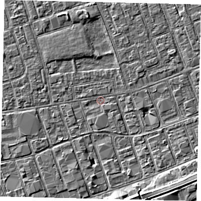 Shaded relief map of the ground around HU34EJ, computed from Environment Agency LiDAR. The ground here sits at about 3 m above sea level and falls 5 m across the surrounding 800 m. Surface water reaching this point runs off ground lying to the south-east, 5.4 m higher.