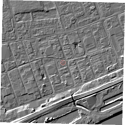 Shaded relief map of the ground around HU34EL, computed from Environment Agency LiDAR. The ground here sits at about 3 m above sea level and falls 11 m across the surrounding 800 m. Surface water reaching this point runs off ground lying to the south-east, 4.4 m higher.