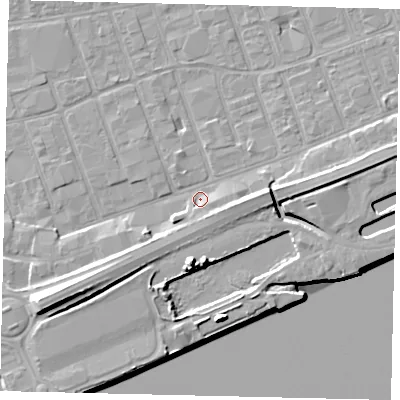 Shaded relief map of the ground around HU34HH, computed from Environment Agency LiDAR. The ground here sits at about 3 m above sea level and falls 13 m across the surrounding 800 m. Surface water reaching this point runs off ground lying to the west-south-west, 10.0 m higher.