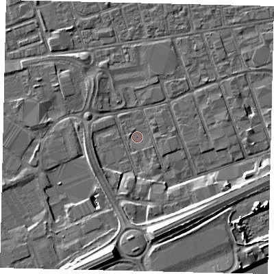 Shaded relief map of the ground around HU34HW, computed from Environment Agency LiDAR. The ground here sits at about 3 m above sea level and falls 13 m across the surrounding 800 m. Surface water reaching this point runs off ground lying to the south-east, 1.1 m higher.