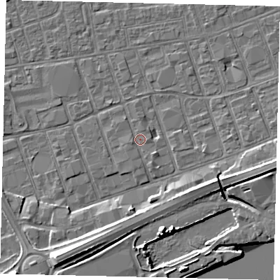 Shaded relief map of the ground around HU34JF, computed from Environment Agency LiDAR. The ground here sits at about 3 m above sea level and falls 13 m across the surrounding 800 m. Surface water reaching this point runs off ground lying to the south-east, 0.9 m higher.