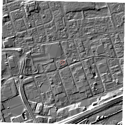 Shaded relief map of the ground around HU34JH, computed from Environment Agency LiDAR. The ground here sits at about 3 m above sea level and falls 9 m across the surrounding 800 m. The ground contributing surface water to this point lies to the north-north-east.