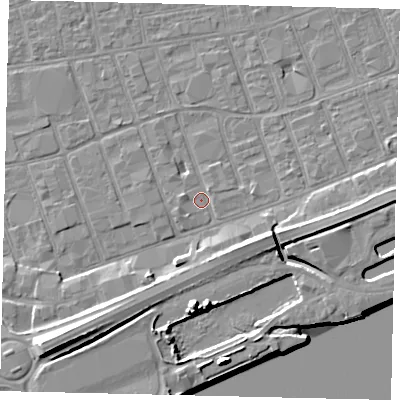 Shaded relief map of the ground around HU34NA, computed from Environment Agency LiDAR. The ground here sits at about 3 m above sea level and falls 13 m across the surrounding 800 m. Surface water reaching this point runs off ground lying to the south-west, 10.0 m higher.