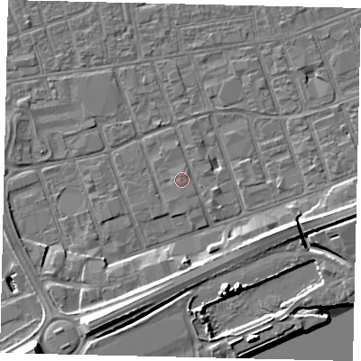 Shaded relief map of the ground around HU34NF, computed from Environment Agency LiDAR. The ground here sits at about 4 m above sea level and falls 13 m across the surrounding 800 m. The ground contributing surface water to this point lies to the south.