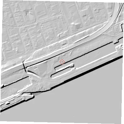 Shaded relief map of the ground around HU34PA, computed from Environment Agency LiDAR. The ground here sits at about 5 m above sea level and falls 11 m across the surrounding 800 m. Surface water reaching this point runs off ground lying to the west, 2.3 m higher.