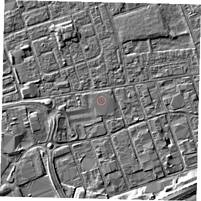 Shaded relief map of the ground around HU34PE, computed from Environment Agency LiDAR. The ground here sits at about 3 m above sea level and falls 5 m across the surrounding 800 m. The ground contributing surface water to this point lies to the north-north-west.
