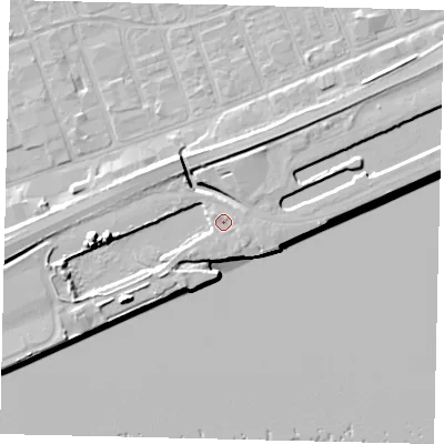 Shaded relief map of the ground around HU34PN, computed from Environment Agency LiDAR. The ground here sits at about 5 m above sea level and falls 12 m across the surrounding 800 m. Surface water reaching this point runs off ground lying to the west-south-west, 3.7 m higher.