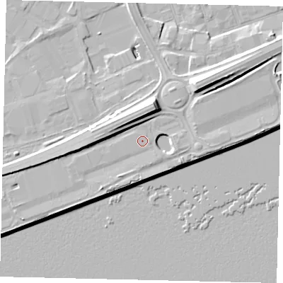 Shaded relief map of the ground around HU34SA, computed from Environment Agency LiDAR. The ground here sits at about 5 m above sea level and falls 14 m across the surrounding 800 m. Surface water reaching this point runs off ground lying to the east, 3.0 m higher.