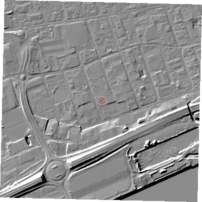 Shaded relief map of the ground around HU34TG, computed from Environment Agency LiDAR. The ground here sits at about 3 m above sea level and falls 13 m across the surrounding 800 m. The ground contributing surface water to this point lies to the east-south-east.