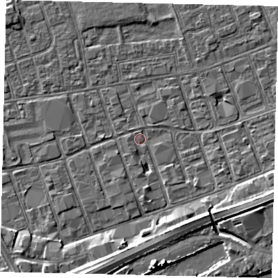 Shaded relief map of the ground around HU34TT, computed from Environment Agency LiDAR. The ground here sits at about 3 m above sea level and falls 11 m across the surrounding 800 m. Surface water reaching this point runs off ground lying to the south-south-west, 7.6 m higher.