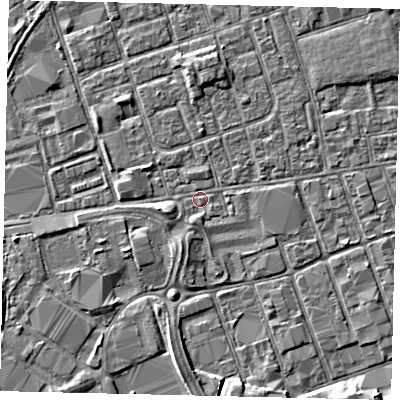 Shaded relief map of the ground around HU34UD, computed from Environment Agency LiDAR. The ground here sits at about 3 m above sea level and falls 4 m across the surrounding 800 m. Surface water reaching this point runs off ground lying to the north, 1.6 m higher.
