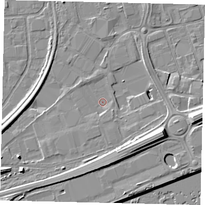 Shaded relief map of the ground around HU34UQ, computed from Environment Agency LiDAR. The ground here sits at about 3 m above sea level and falls 14 m across the surrounding 800 m. Surface water reaching this point runs off ground lying to the south-south-west, 1.7 m higher.